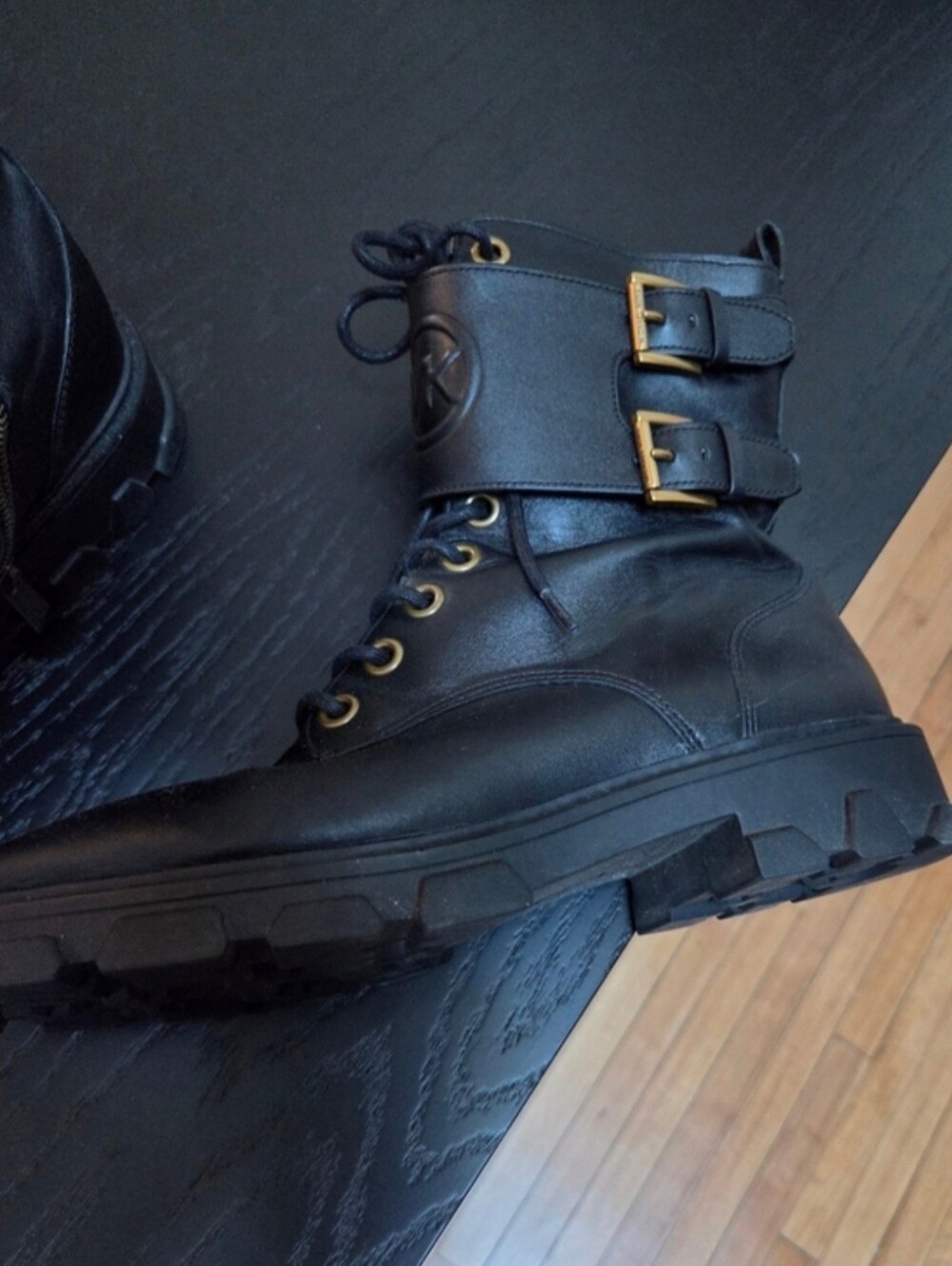 MICHAEL Michael Kors Black Leather Combat Boots with Side Zipper